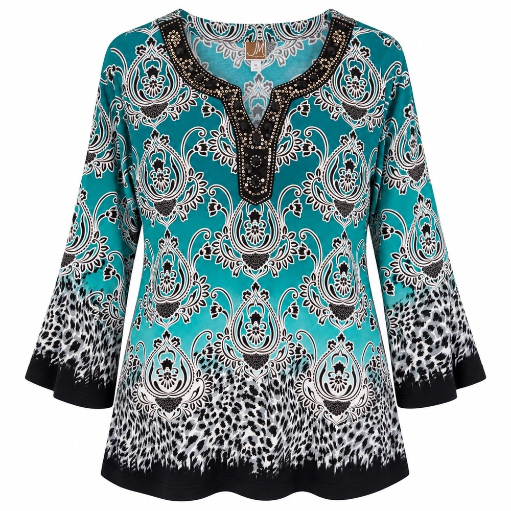 JM Collection Tunic Top Paisley Leopard Studded XL Teal Boho Bell Sleeve